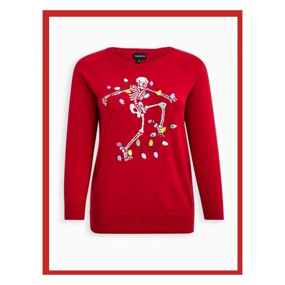 NWT Torrid 1X Dancing Skeleton Print Red Pullover Crew Neck Sweater Size 14-16 - Picture 1 of 7